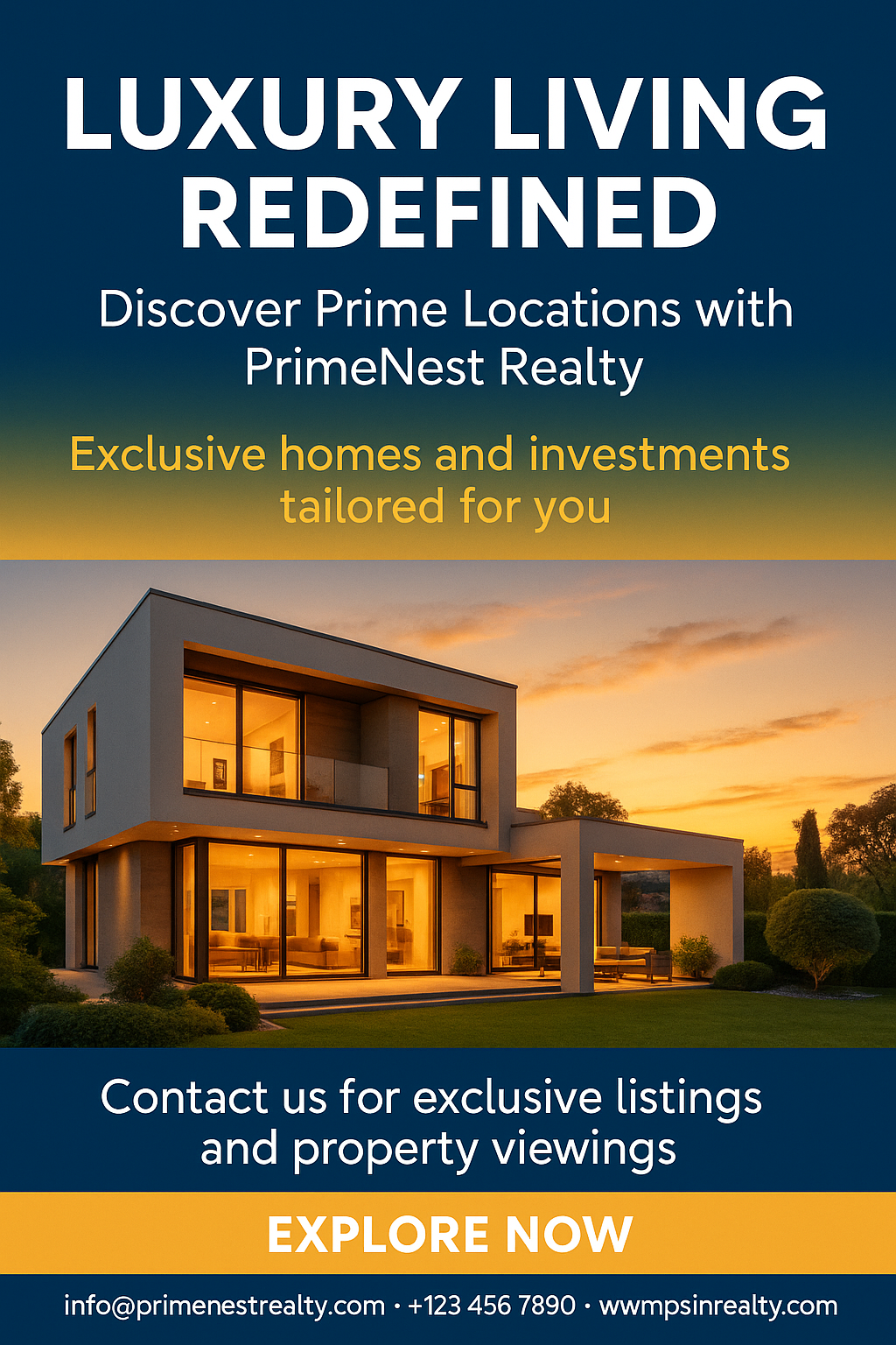 PrimeNest Realty luxury real estate flyer generated from the prompt below